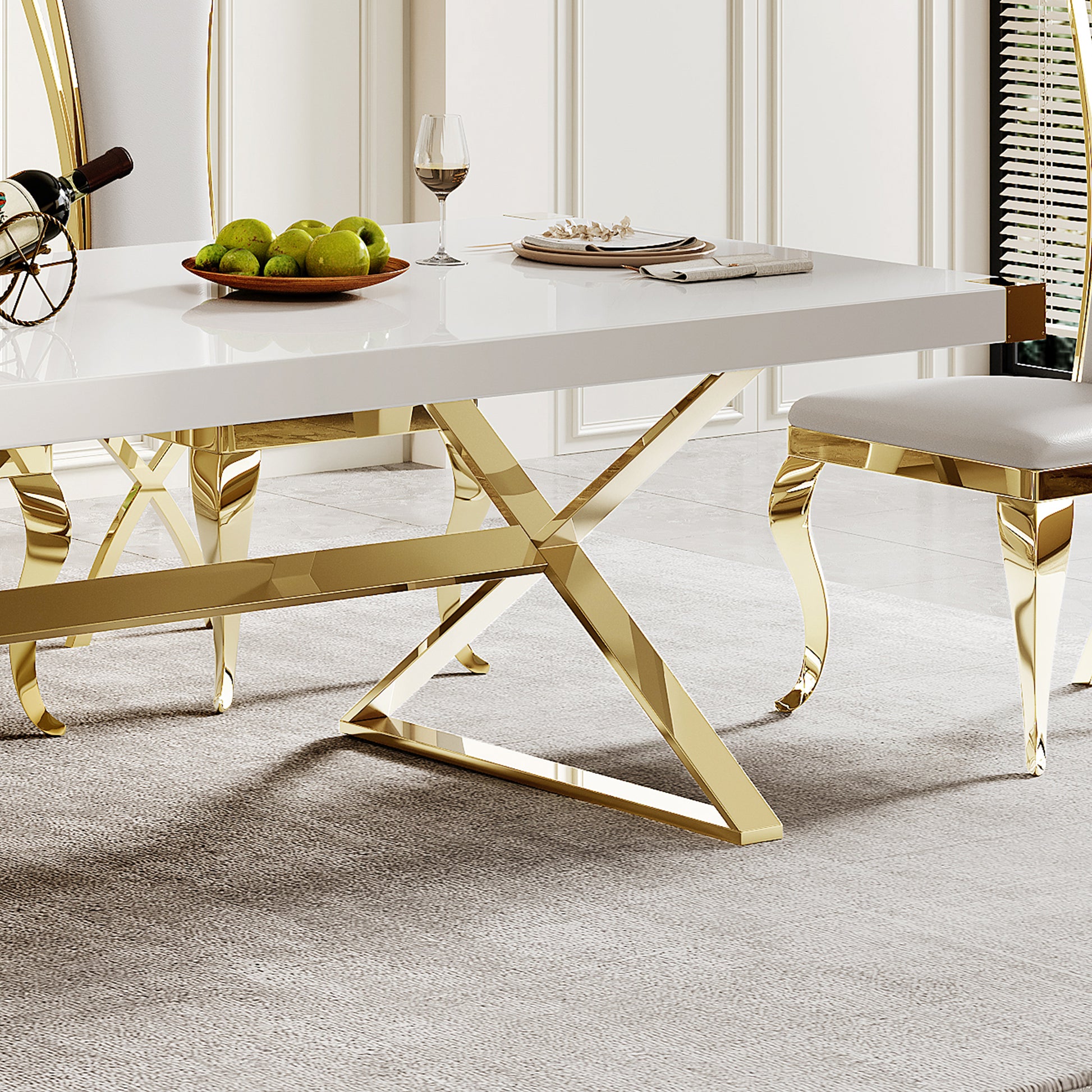 Mdf With Gold Finish Corner Top Dining Table, Gold Finish Stainless Steel Base White Gold Mdf