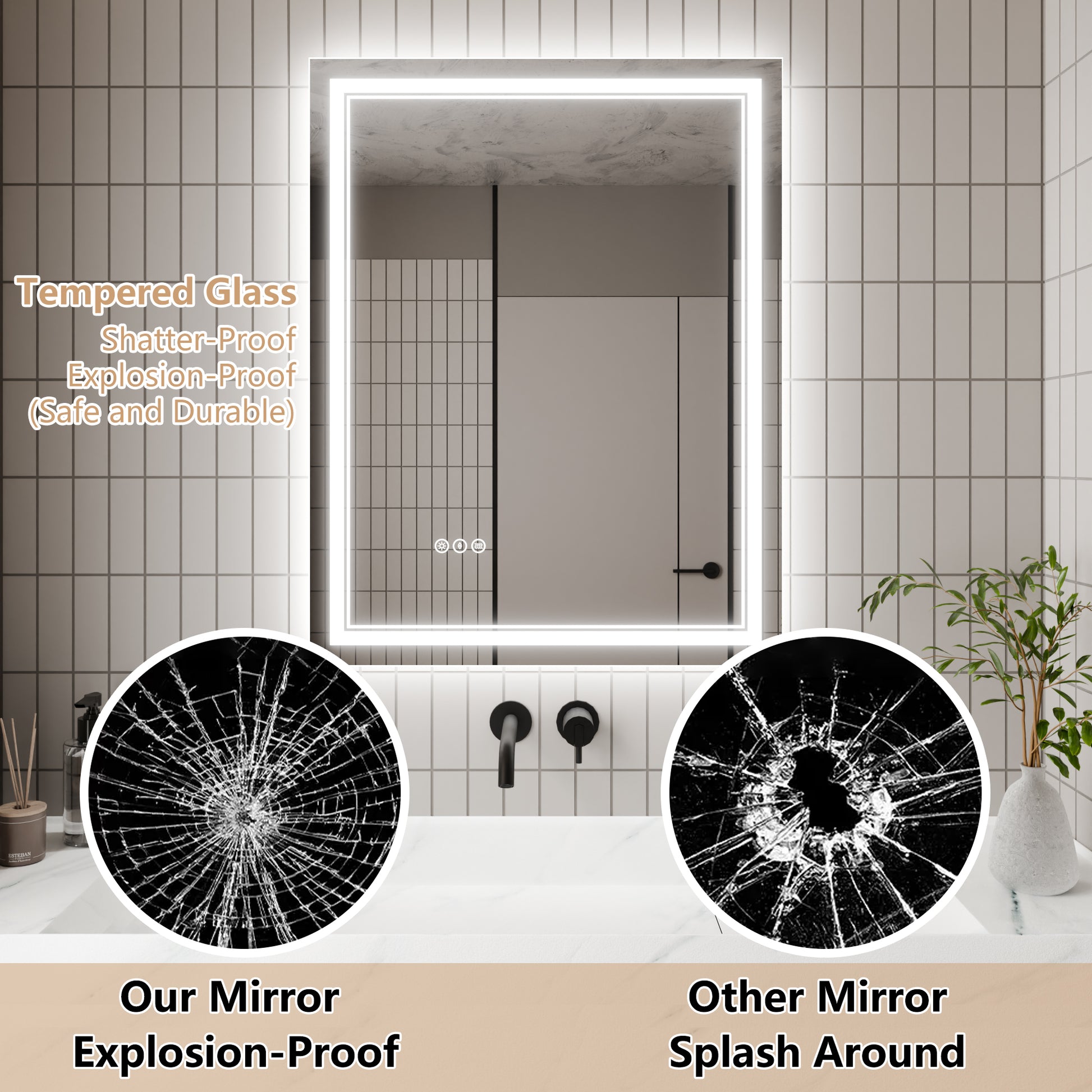 Led Bathroom Mirror, 28X36 Inch Bathroom Vanity Mirrors With Lights, Mirrors For Wall With Smart Touch Button, Anti Fog, Memory Function, Stepless Dimmable Makeup Mirror Horizontal Vertical White Aluminium