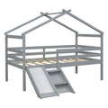 Twin Low Loft House Bed With Slide, Ladder, Safety Guardrails, House Roof Frame,Grey Twin Grey American Design Pine