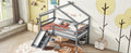 Twin Low Loft House Bed With Slide, Ladder, Safety Guardrails, House Roof Frame,Grey Twin Grey American Design Pine