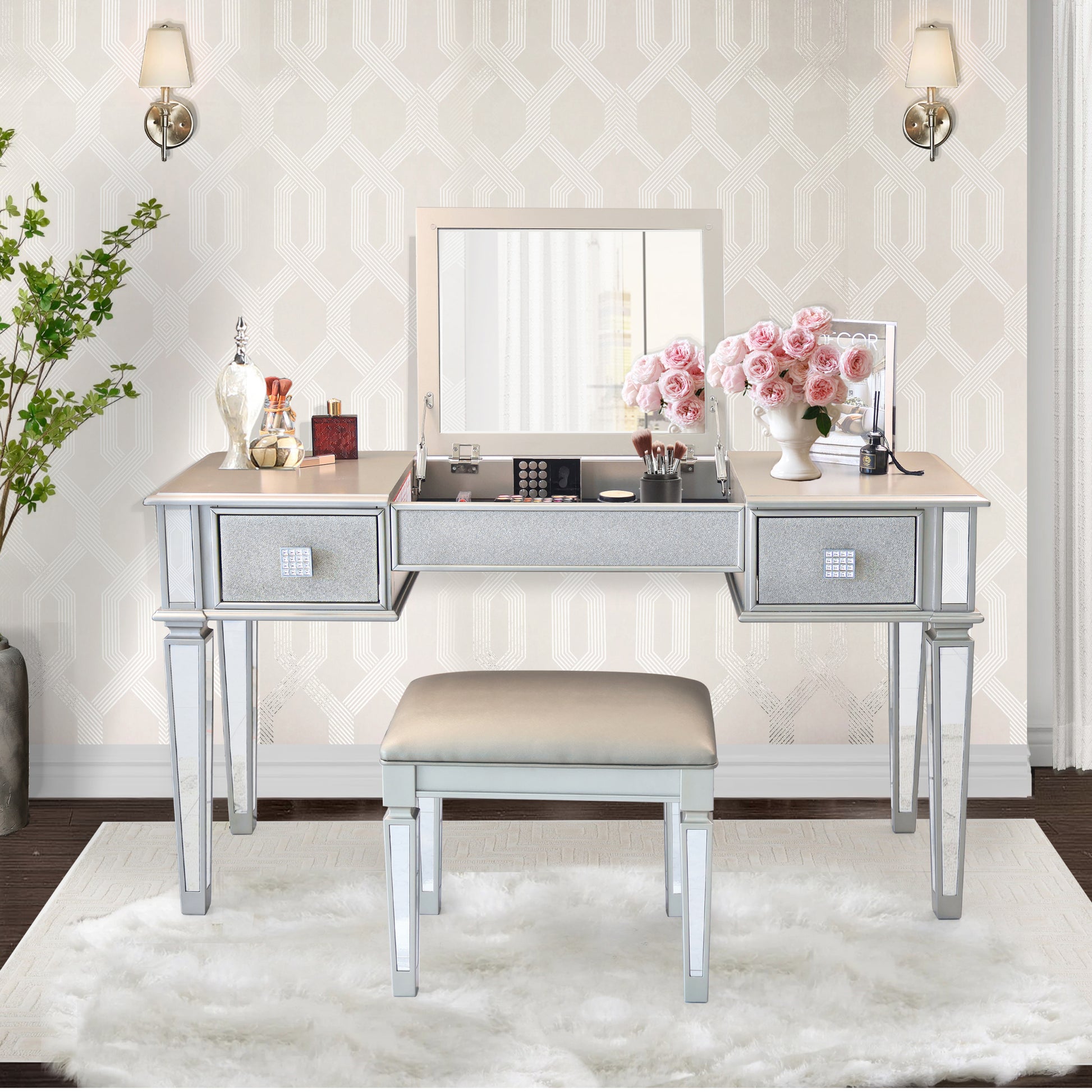 Mirrored Vanities Desk With Drawers, Bedroom Makeup Vanity Table Set With Mirror And Stool, Flip Up Dressing Table For Bedroom Makeup Room, Working Desk For Women, Girl Furniture Combo Hinged Silver White Drawer 2 Drawers Bedroom Felt Lined Drawers