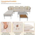8 Piece Patio Sectional Sofa Set With Tempered Glass Coffee Table And Wooden Coffee Table For Outdoor Oasis, Garden, Patio And Poolside Beige Cushion White Steel Beige Iron