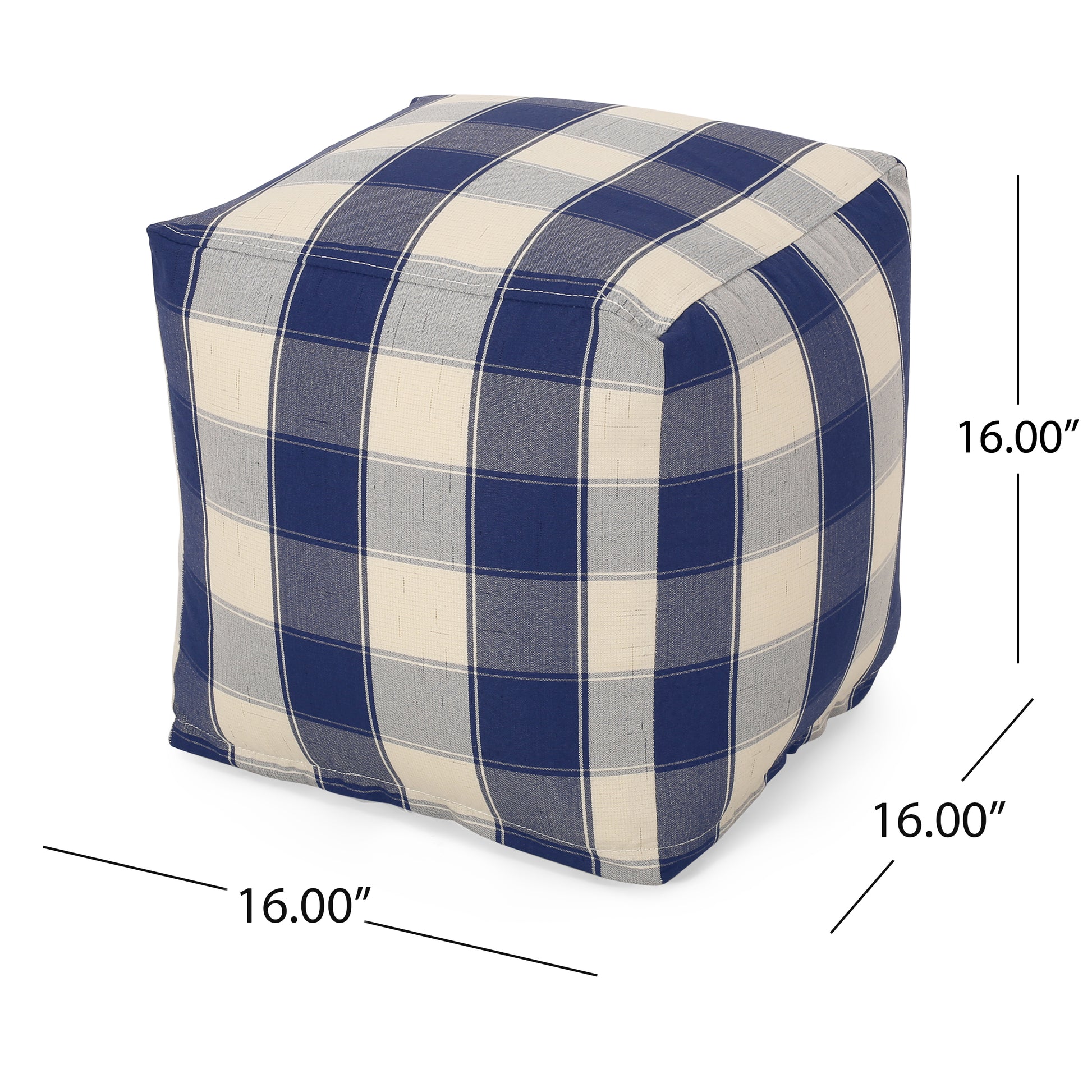 Connor Checkered Square Pouf, Ivory And Navy Blue Ivory Navy Fabric