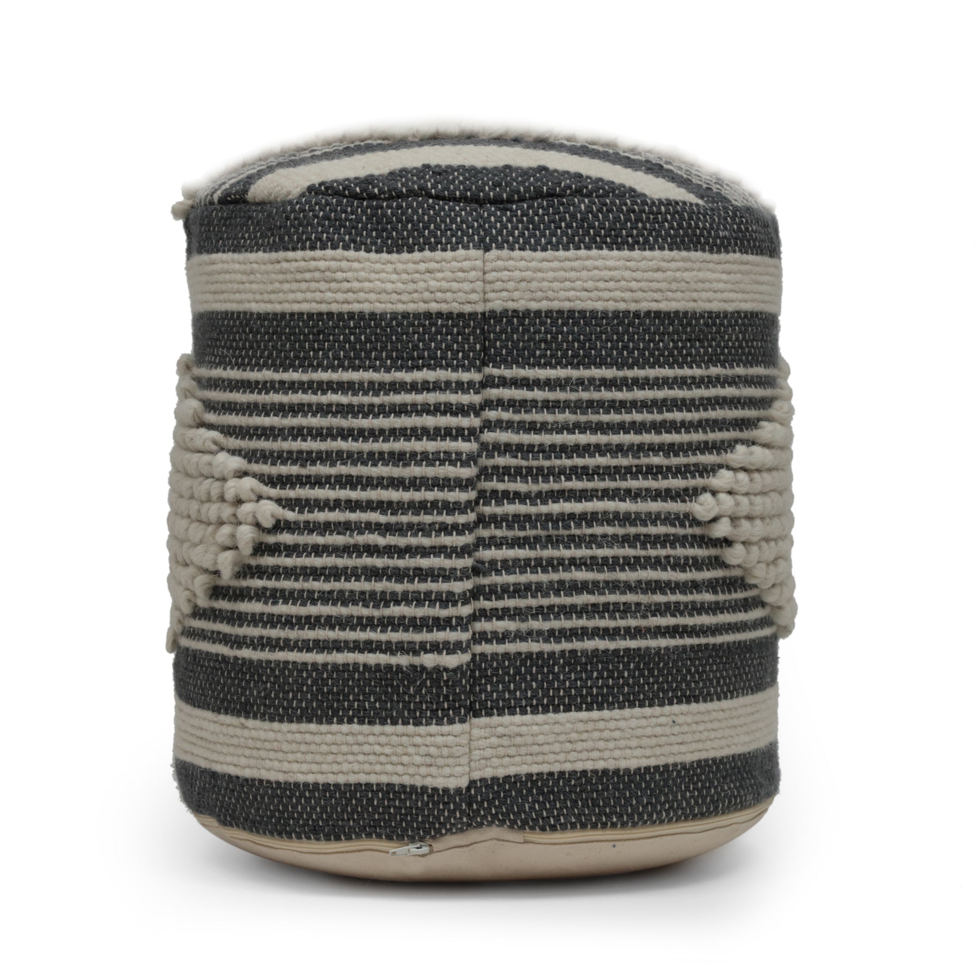 Diamond Handcrafted Fabric Cylindrical Pouf, Beige And Dark Grey Dawn Grey Fabric