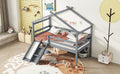 Twin Low Loft House Bed With Slide, Ladder, Safety Guardrails, House Roof Frame,Grey Twin Grey American Design Pine