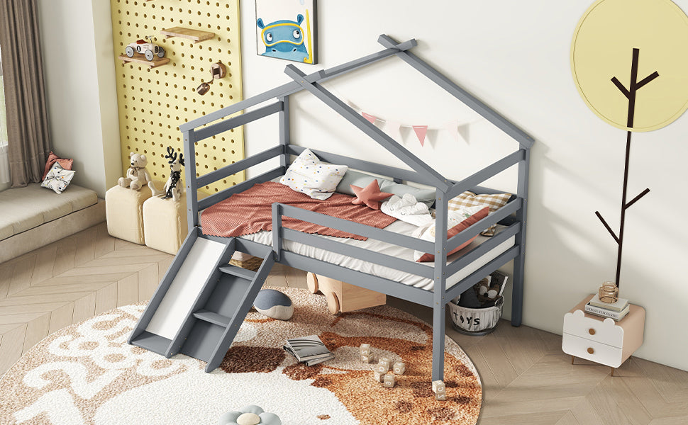 Twin Low Loft House Bed With Slide, Ladder, Safety Guardrails, House Roof Frame,Grey Twin Grey American Design Pine