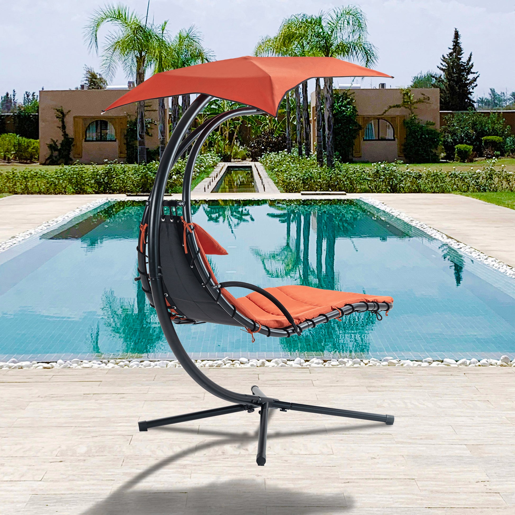 Hanging Chaise Lounger With Removable Canopy, Outdoor Swing Chair With Built In Pillow, Hanging Curved Chaise Lounge Chair Swing For Patio Porch Poolside, Hammock Chair With Stand Orange Orange Metal