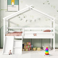 Twin Low Loft House Bed With Slide, Ladder, Safety Guardrails, House Roof Frame,White Twin White American Design Pine