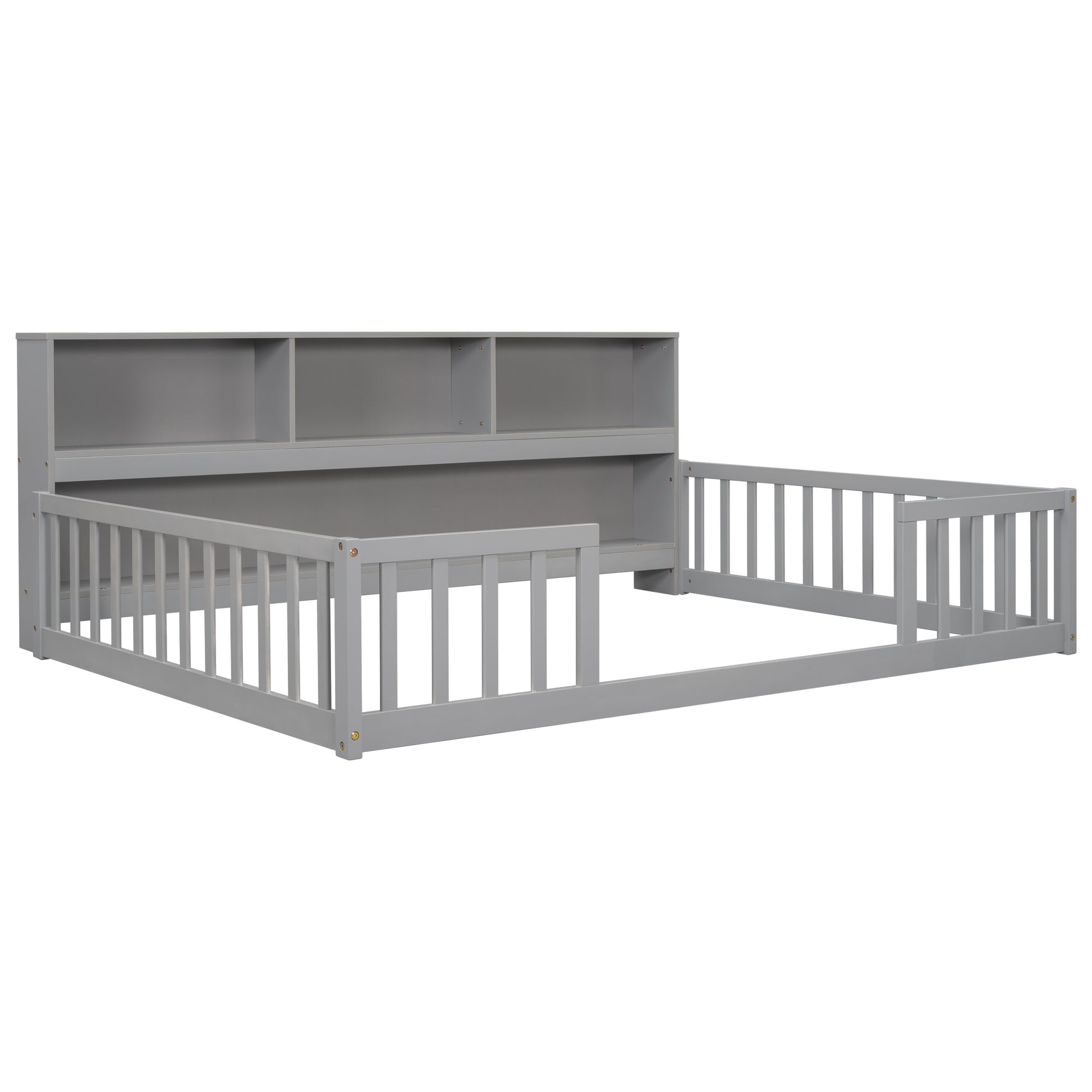 Full Floor Bed With Side Bookcase,Shelves,Guardrails,Grey Full Grey Bedroom American Design Pine