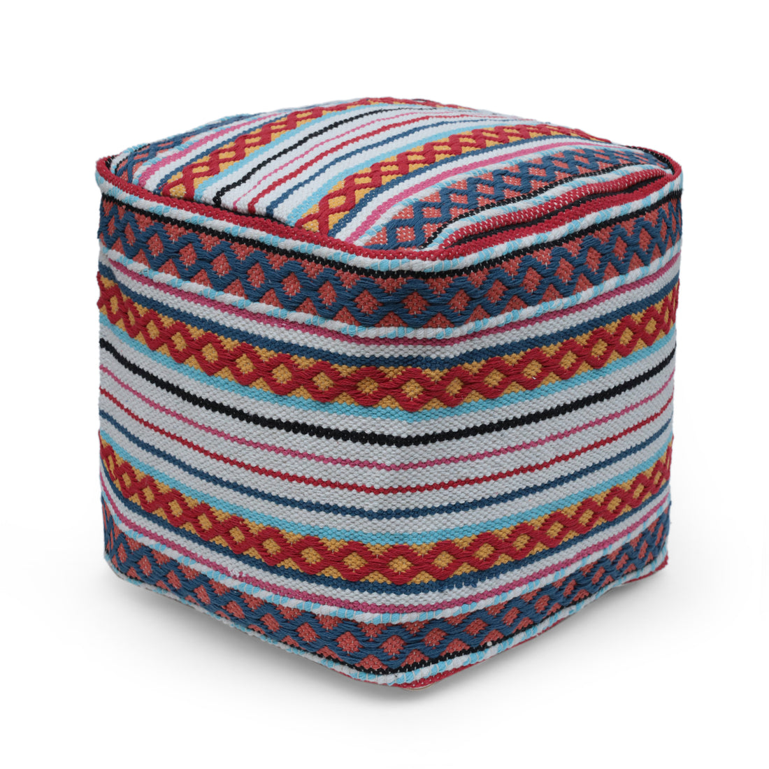 Hamlet Square Pouf, White, Yellow And Multi Red Multicolor Fabric