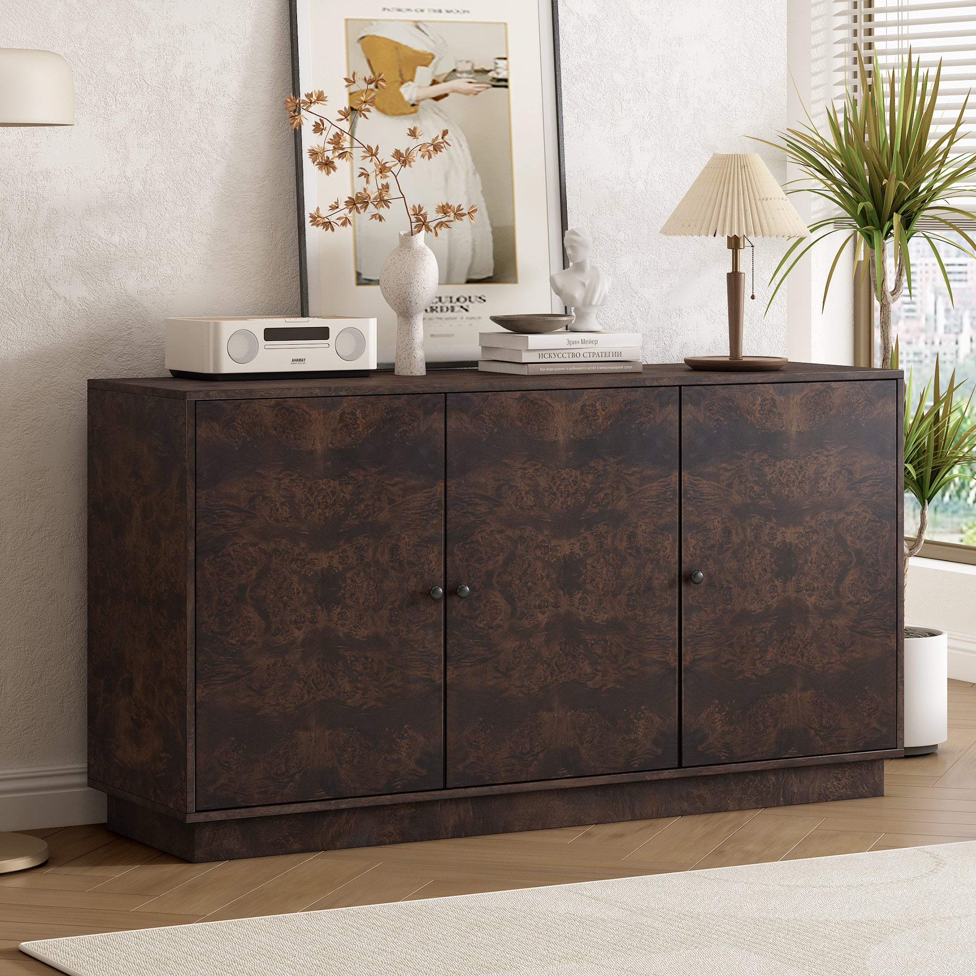 Wood Pattern Storage Cabinet With 3 Doors, Suitable For Hallway, Entryway And Living Rooms. Brown Mdf