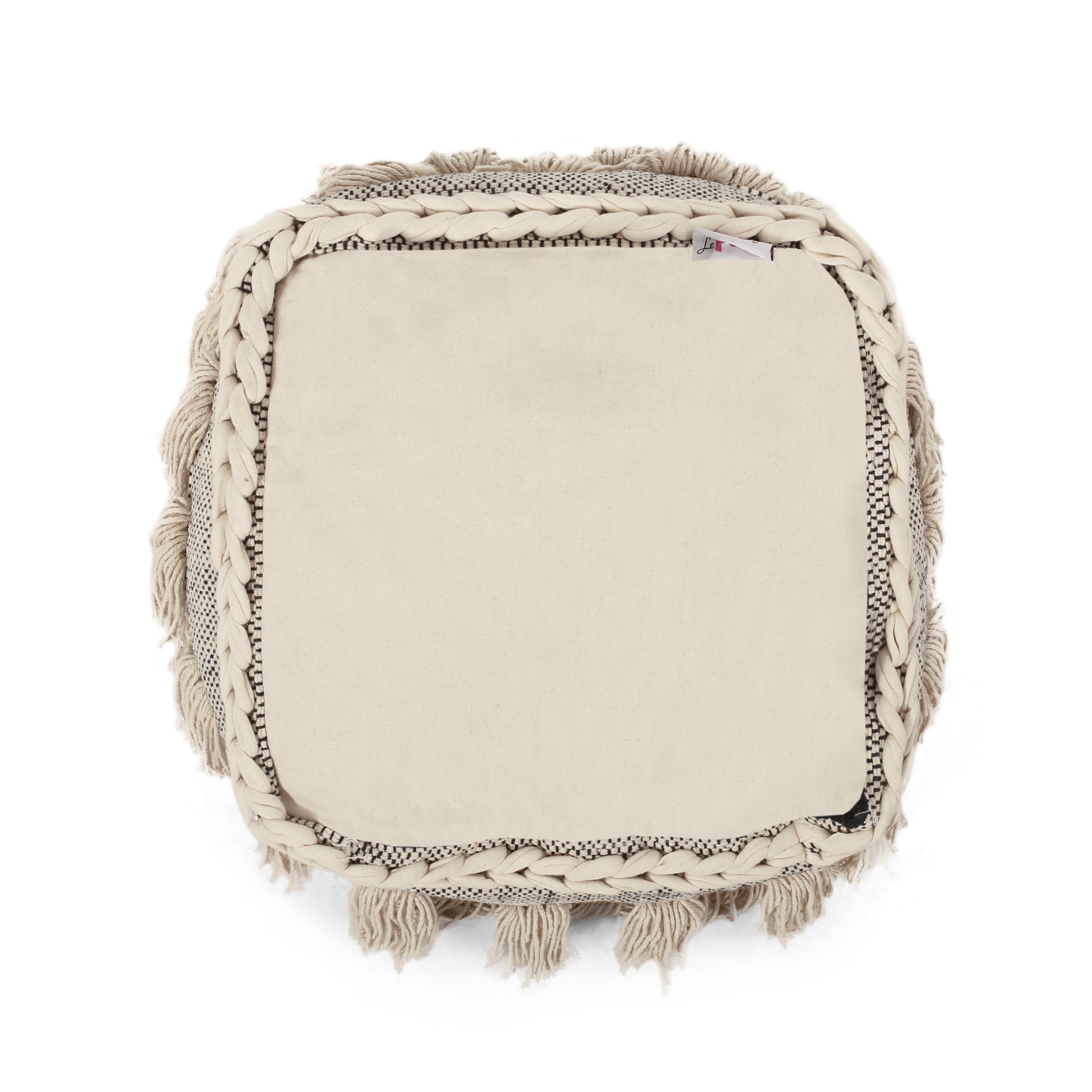 Angelic Handcrafted Fabric Pouf With Tassels, Ivory Ivory Fabric