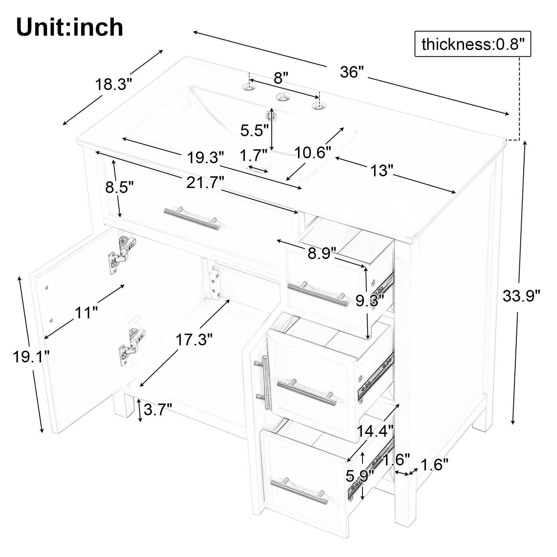 36" Bathroom Vanity With Sink Top, Bathroom Vanity Cabinet With Two Doors And Three Drawers, Solid Woodmdf Boards ,One Package, White White Solid Wood Mdf