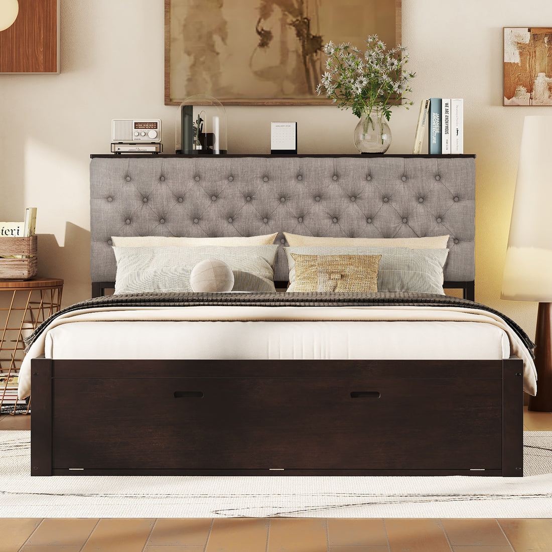 Wood Queen Size Platform Bed With Storage Headboard, Shoe Rack And 4 Drawers,Espresso Box Spring Not Required Queen Espresso Wood Bedroom Bed Frame Solid Wood Mdf