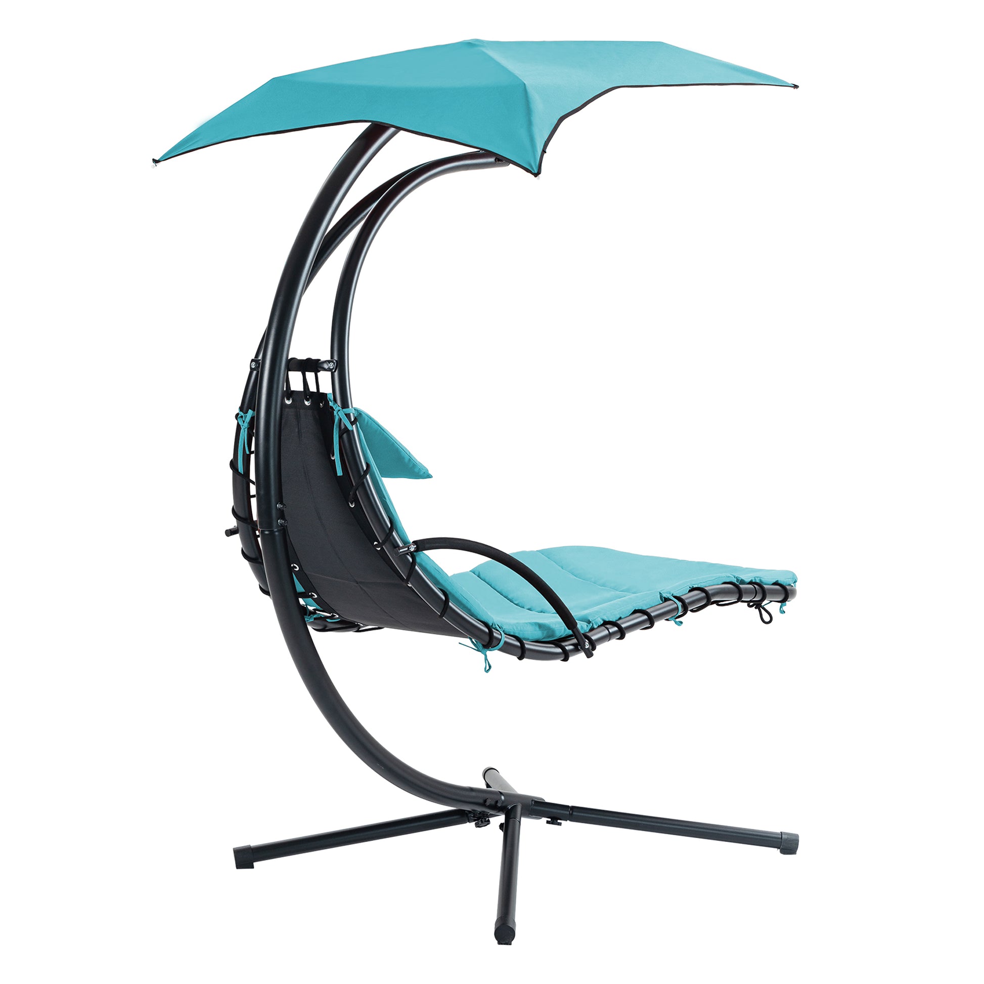 Hanging Chaise Lounger With Removable Canopy, Outdoor Swing Chair With Built In Pillow, Hanging Curved Chaise Lounge Chair Swing For Patio Porch Poolside, Hammock Chair With Stand Blue Blue Metal