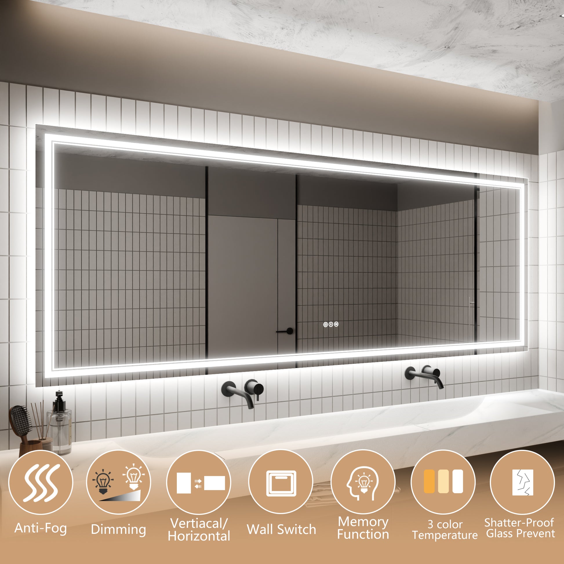 Led Bathroom Mirror, 36X96 Inch Bathroom Vanity Mirrors With Lights, Mirrors For Wall With Smart Touch Button, Anti Fog, Memory Function, Stepless Dimmable Makeup Mirror Horizontal Vertical White Aluminium