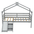 Twin Low Loft House Bed With Slide, Ladder, Safety Guardrails, House Roof Frame,Grey Twin Grey American Design Pine