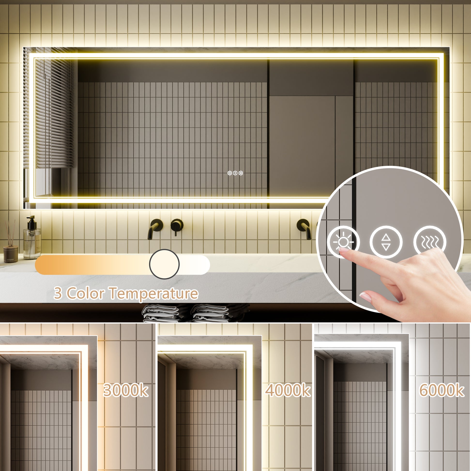 Led Bathroom Mirror, 32X84 Inch Bathroom Vanity Mirrors With Lights, Mirrors For Wall With Smart Touch Button, Anti Fog, Memory Function, Stepless Dimmable Makeup Mirror Horizontal Vertical White Aluminium