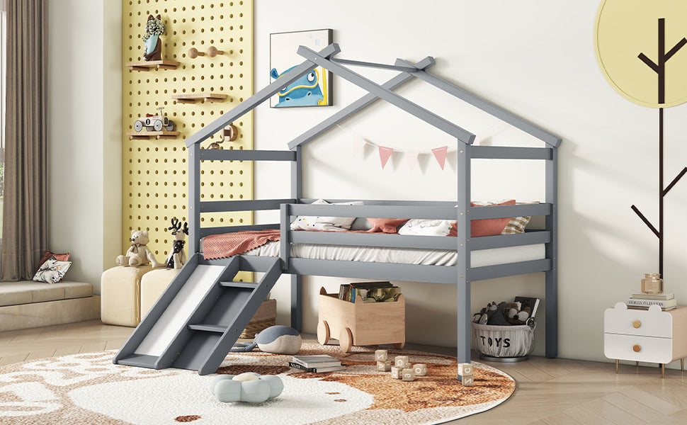 Twin Low Loft House Bed With Slide, Ladder, Safety Guardrails, House Roof Frame,Grey Twin Grey American Design Pine