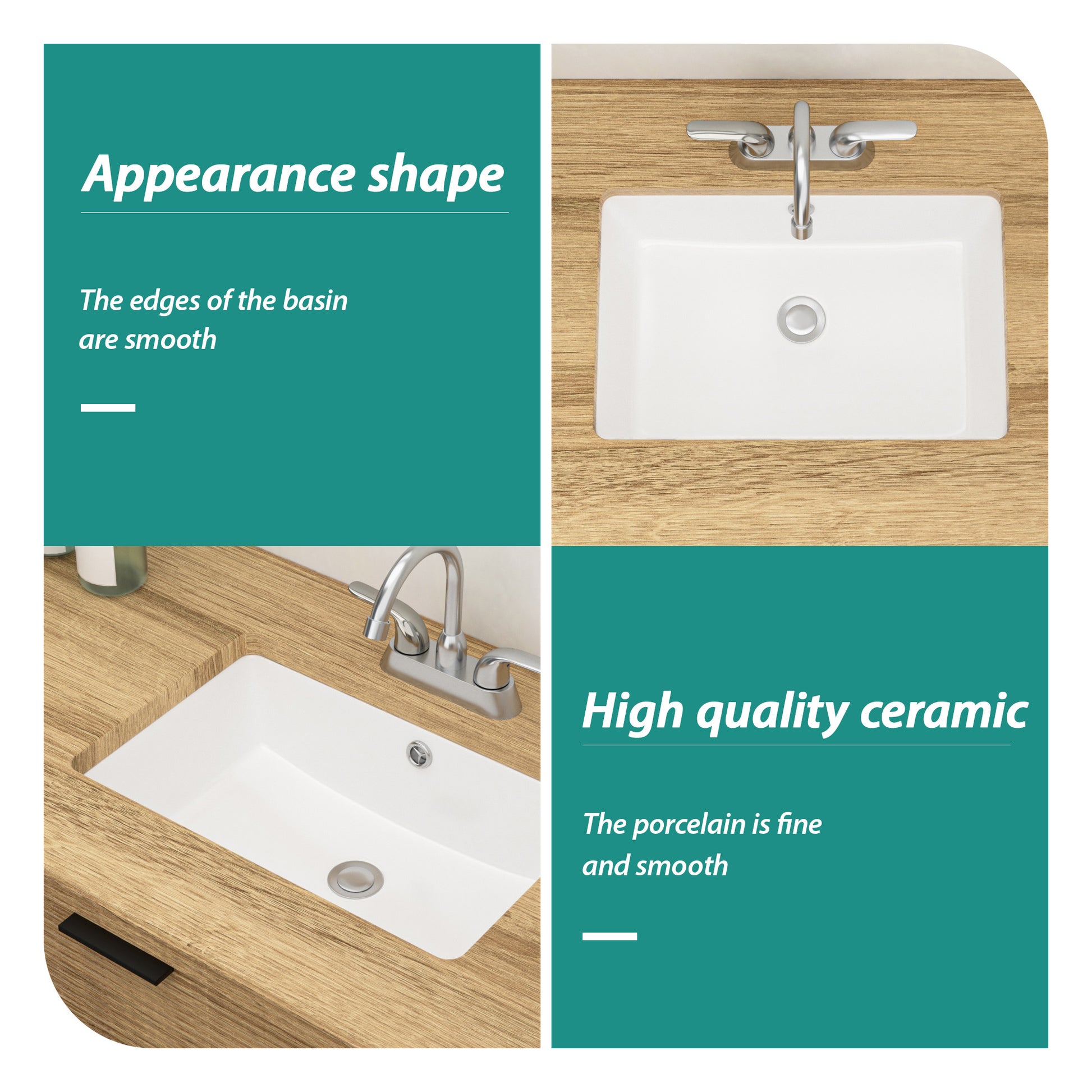 18"X12" White Ceramic Rectangular Undermount Bathroom Sink With Overflow White Ceramic