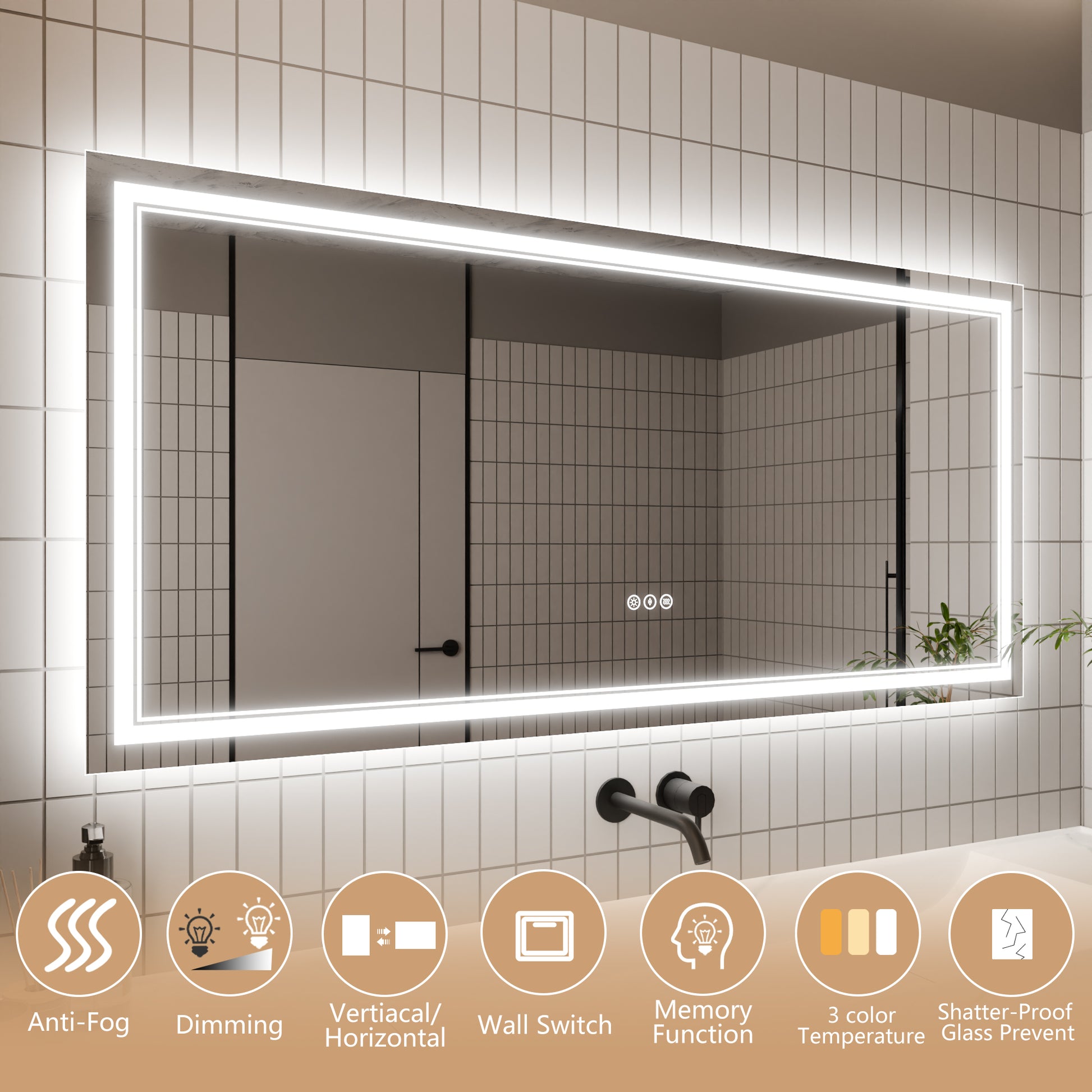 Led Bathroom Mirror, 28X60 Inch Bathroom Vanity Mirrors With Lights, Mirrors For Wall With Smart Touch Button, Anti Fog, Memory Function, Stepless Dimmable Makeup Mirror Horizontal Vertical White Aluminium