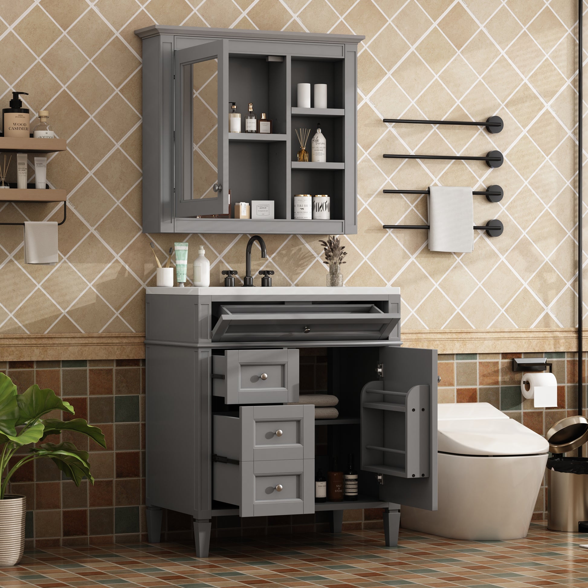 30'' Bathroom Vanity With Top Sink, Modern Bathroom Storage Cabinet With 2 Drawers And A Tip Out Drawer, Freestanding Vanity Set With Mirror Cabinet, Single Sink Bathroom Vanity 3 Grey 2 5 Bathroom