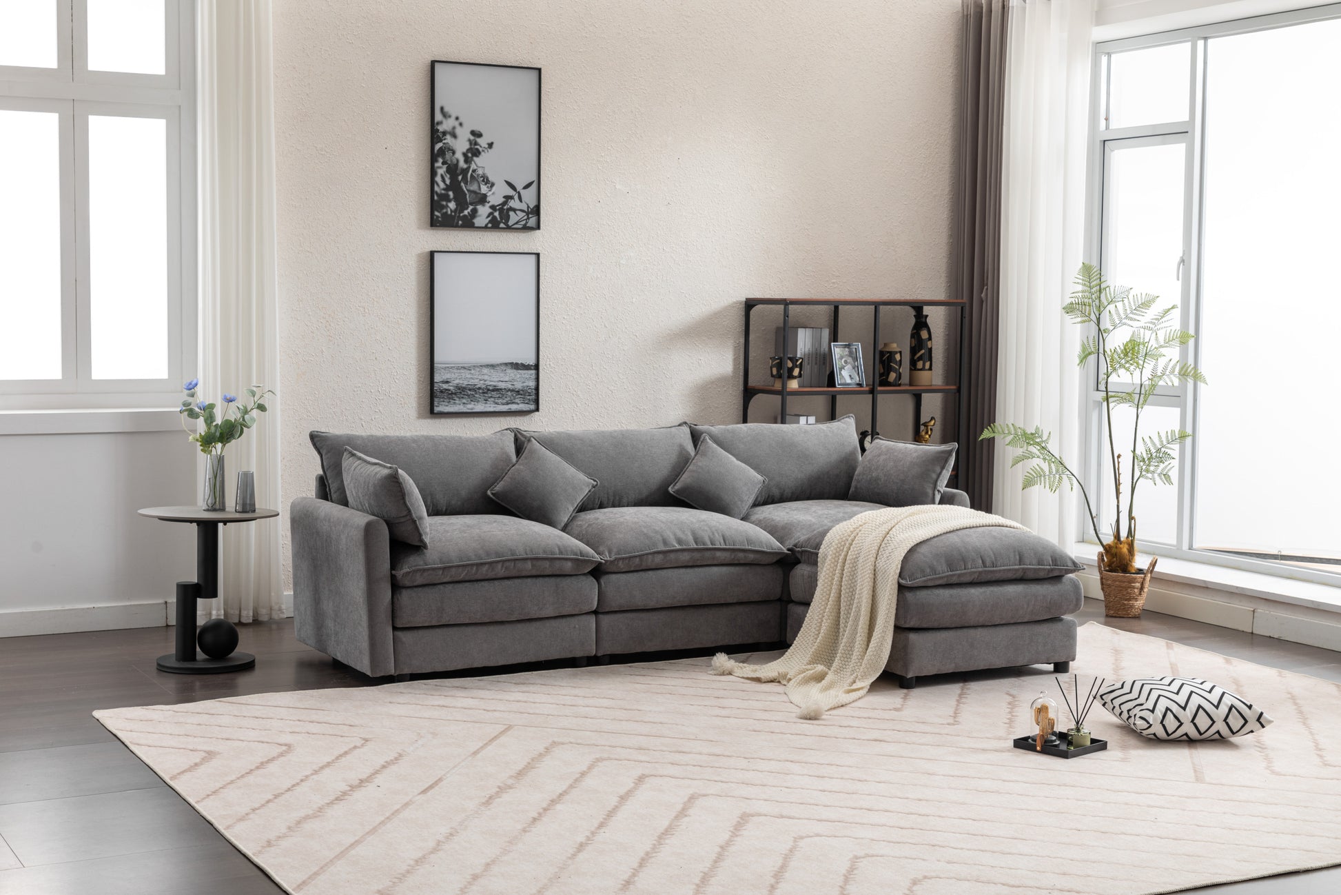 Modular Sectional Sofa, 3 Seater Sofa With Ottoman, Modern L Shaped Sofa For Living Room Bedroom Apartment Grey Wood Fabric