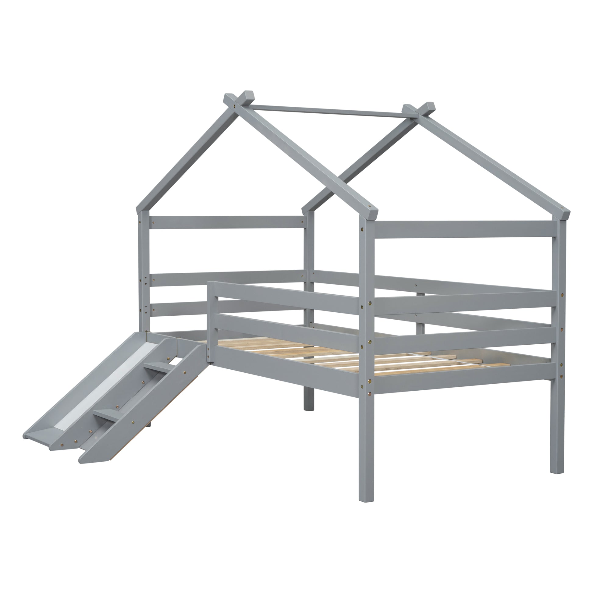 Twin Low Loft House Bed With Slide, Ladder, Safety Guardrails, House Roof Frame,Grey Twin Grey American Design Pine