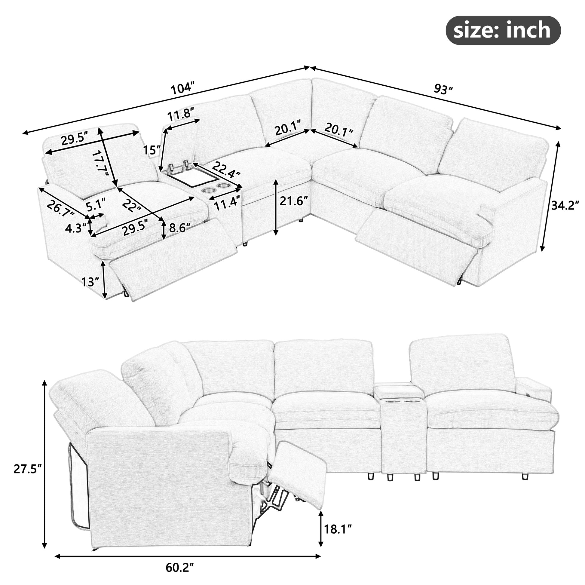 104'' Power Recliner Corner Sofa Home Theater Reclining Sofa Sectional Couches With Storage Box, Cup Holders, Usb Ports And Power Socket For Living Room, Grey Grey Foam Linen 4 Seat