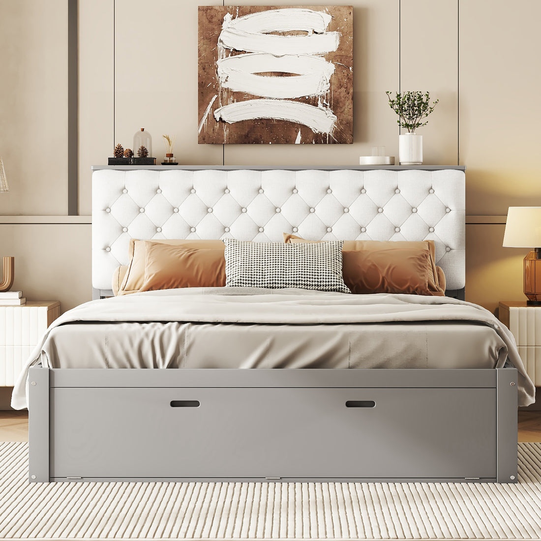 Wood Queen Size Platform Bed With Storage Headboard, Shoe Rack And 4 Drawers,Gray Box Spring Not Required Queen Gray Wood Bedroom Bed Frame Solid Wood Mdf