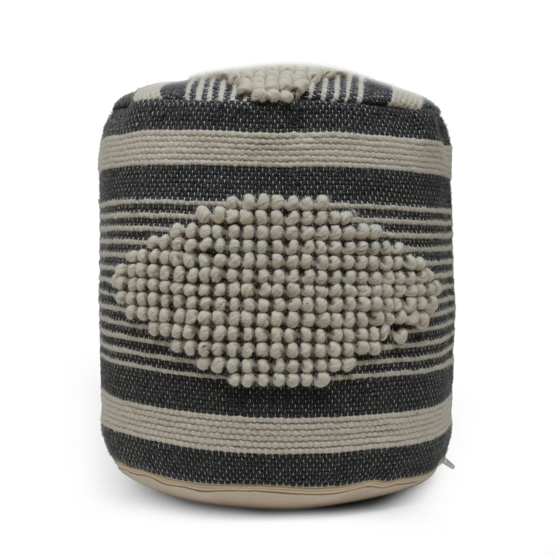 Diamond Handcrafted Fabric Cylindrical Pouf, Beige And Dark Grey Dawn Grey Fabric