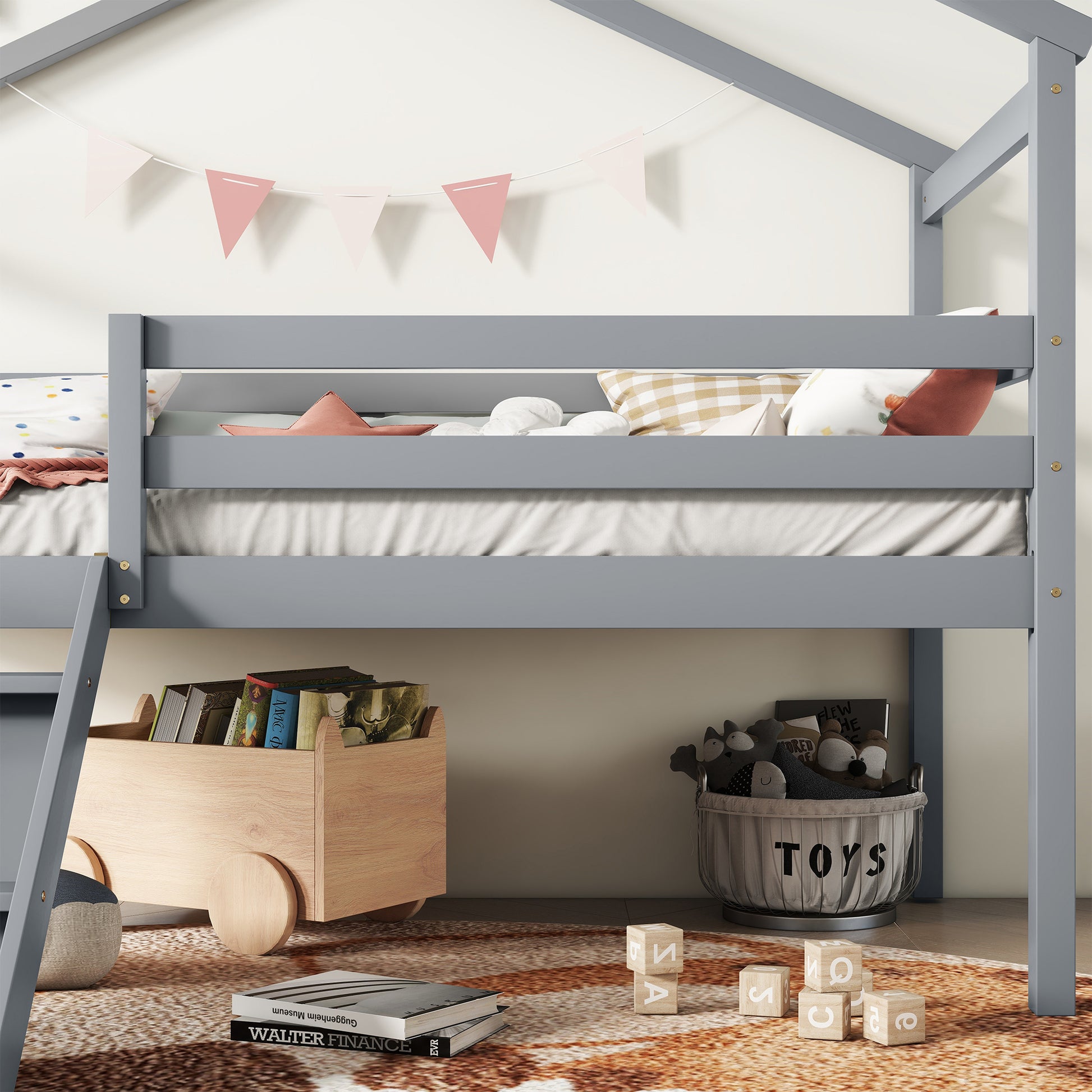 Twin Low Loft House Bed With Slide, Ladder, Safety Guardrails, House Roof Frame,Grey Twin Grey American Design Pine