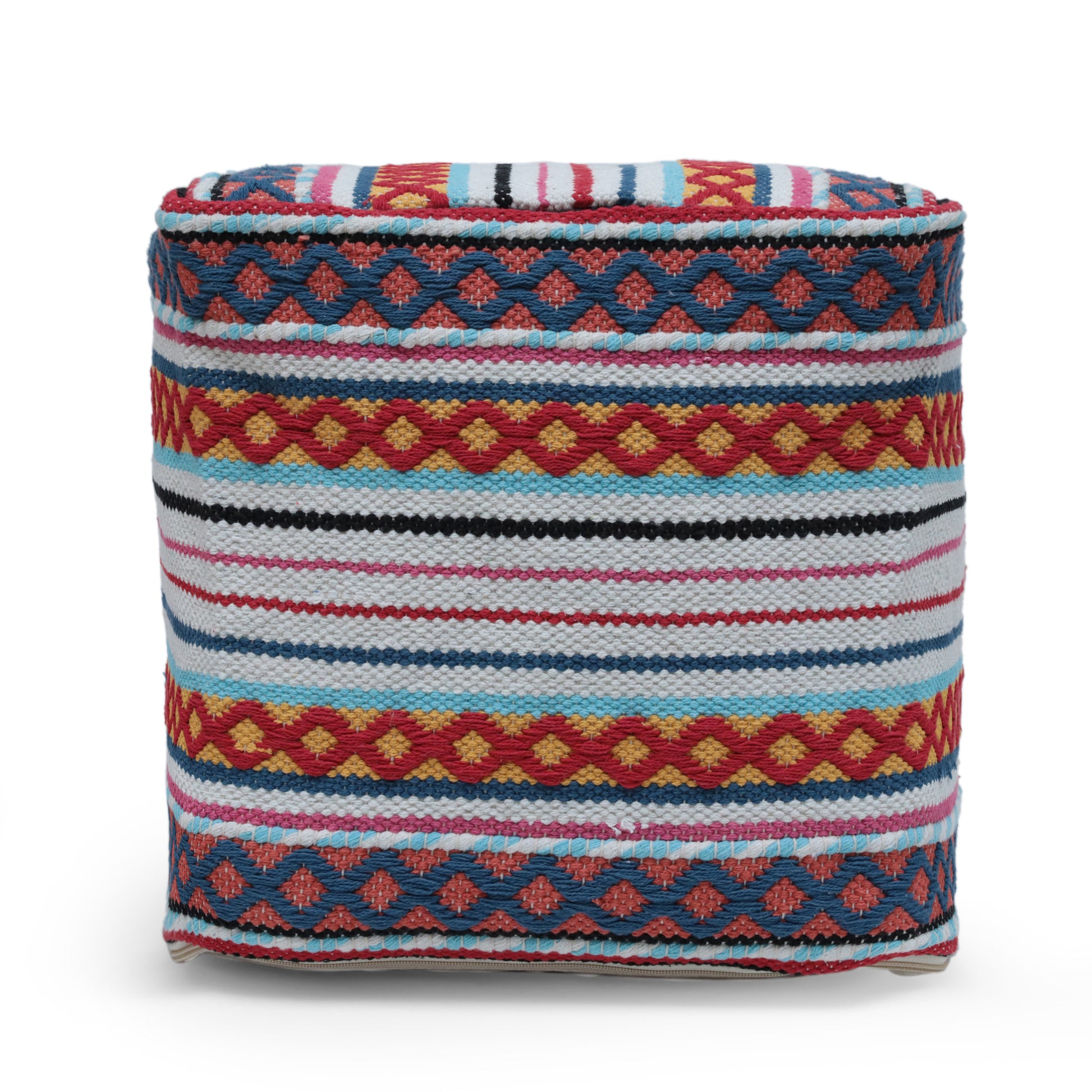 Hamlet Square Pouf, White, Yellow And Multi Red Multicolor Fabric