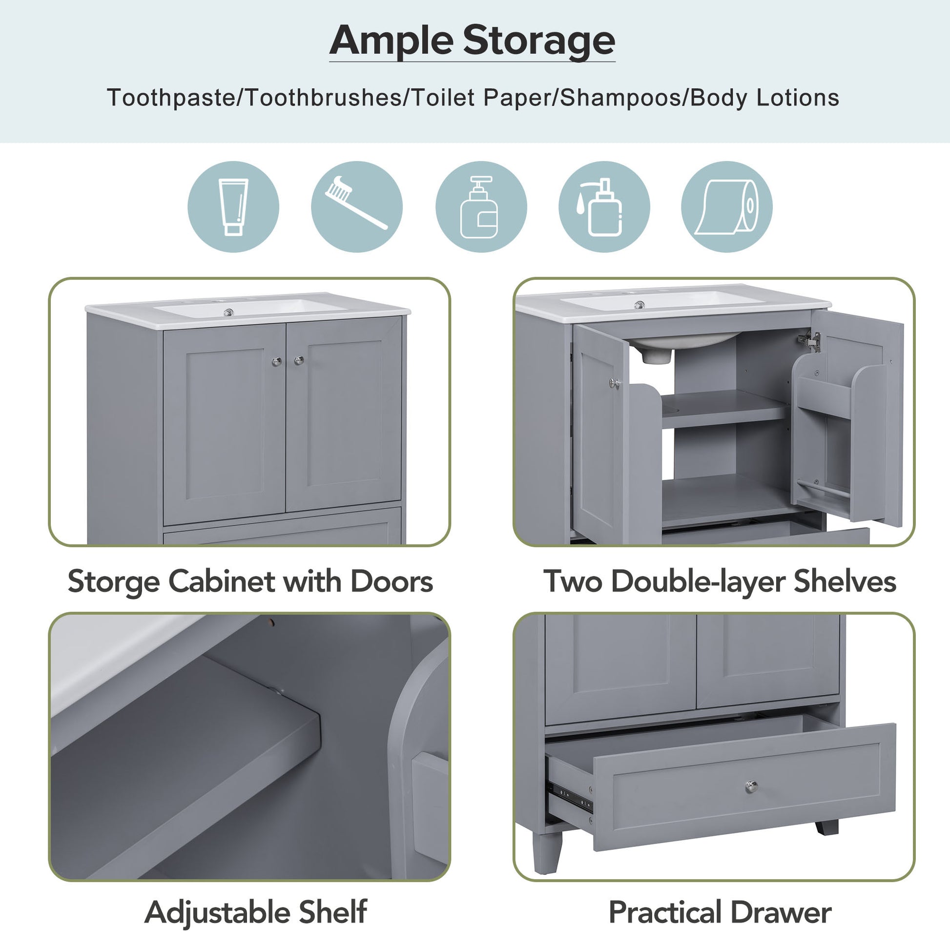 30" Premium Bathroom Vanity Set With Ceramic Sink And Large Storage Space Ideal For Small Bathrooms Blue Gray Bathroom Solid Wood Mdf