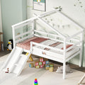 Twin Low Loft House Bed With Slide, Ladder, Safety Guardrails, House Roof Frame,White Twin White American Design Pine