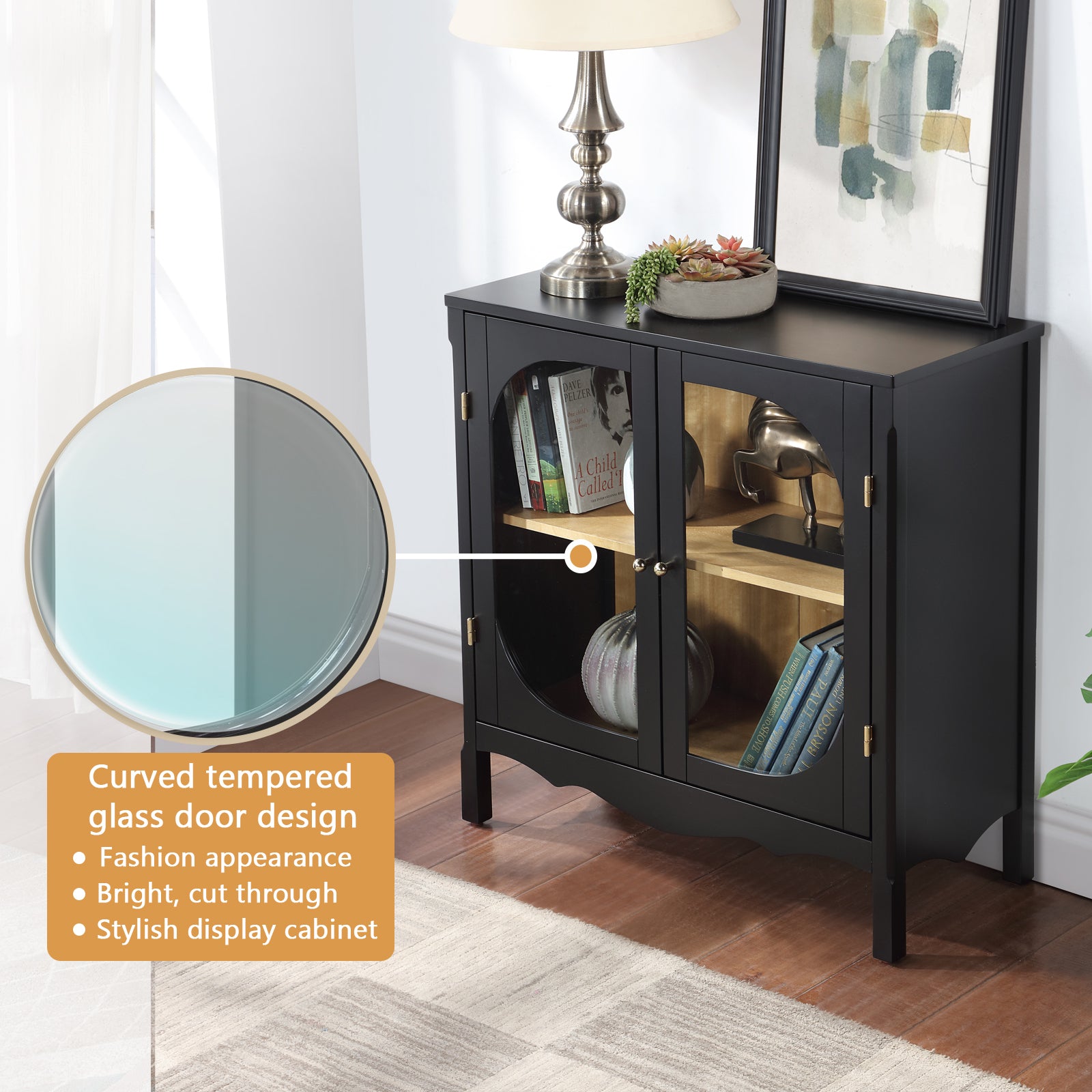Storage Cabinet,Sideboard Buffet Cabinet,Display Cabinet With 2 Tempered Glass Doors, Adjustable Shelves, For Home Office, Living Room, Bedroom,Black Black Acacia Wood