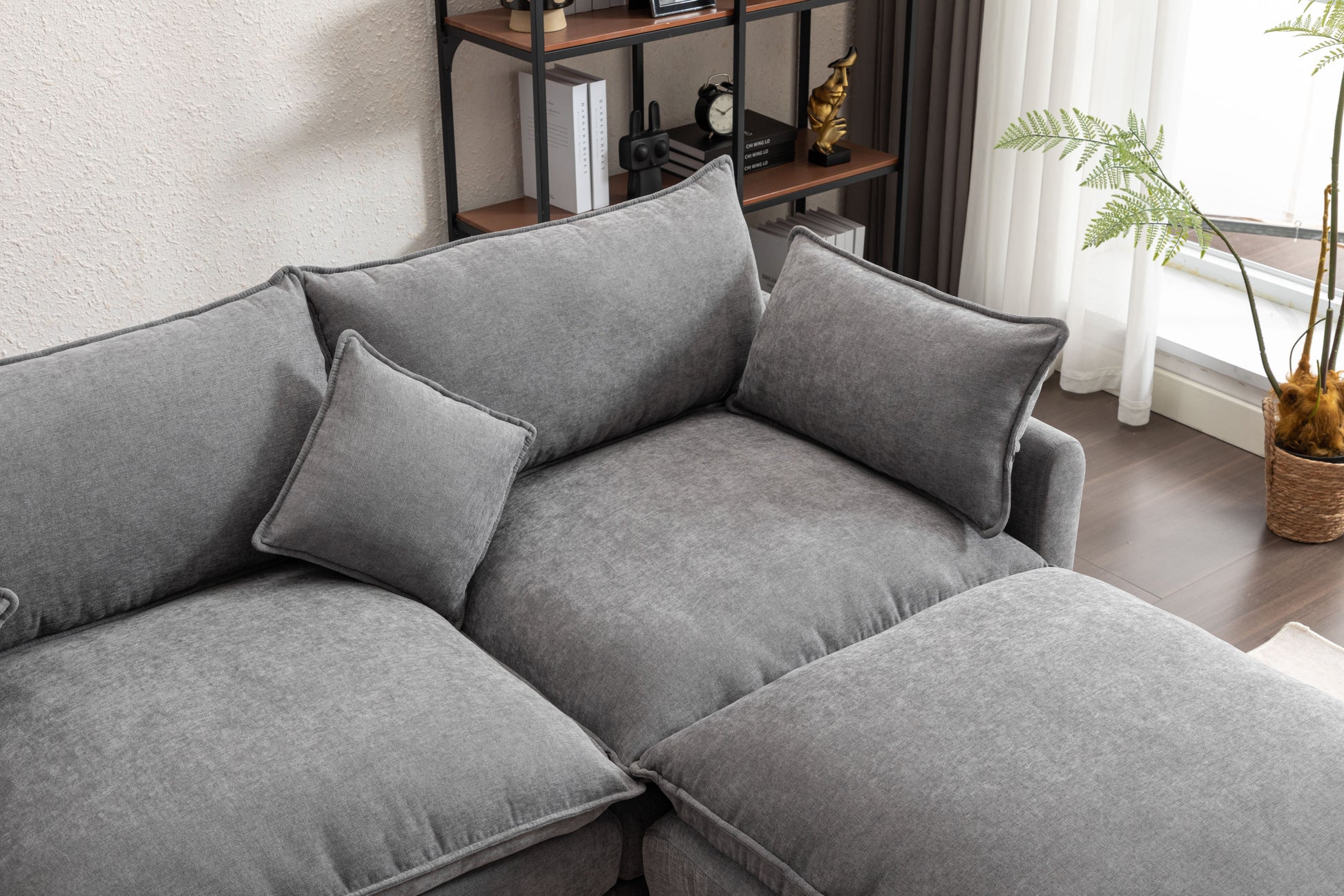 Modular Sectional Sofa, 3 Seater Sofa With Ottoman, Modern L Shaped Sofa For Living Room Bedroom Apartment Grey Wood Fabric