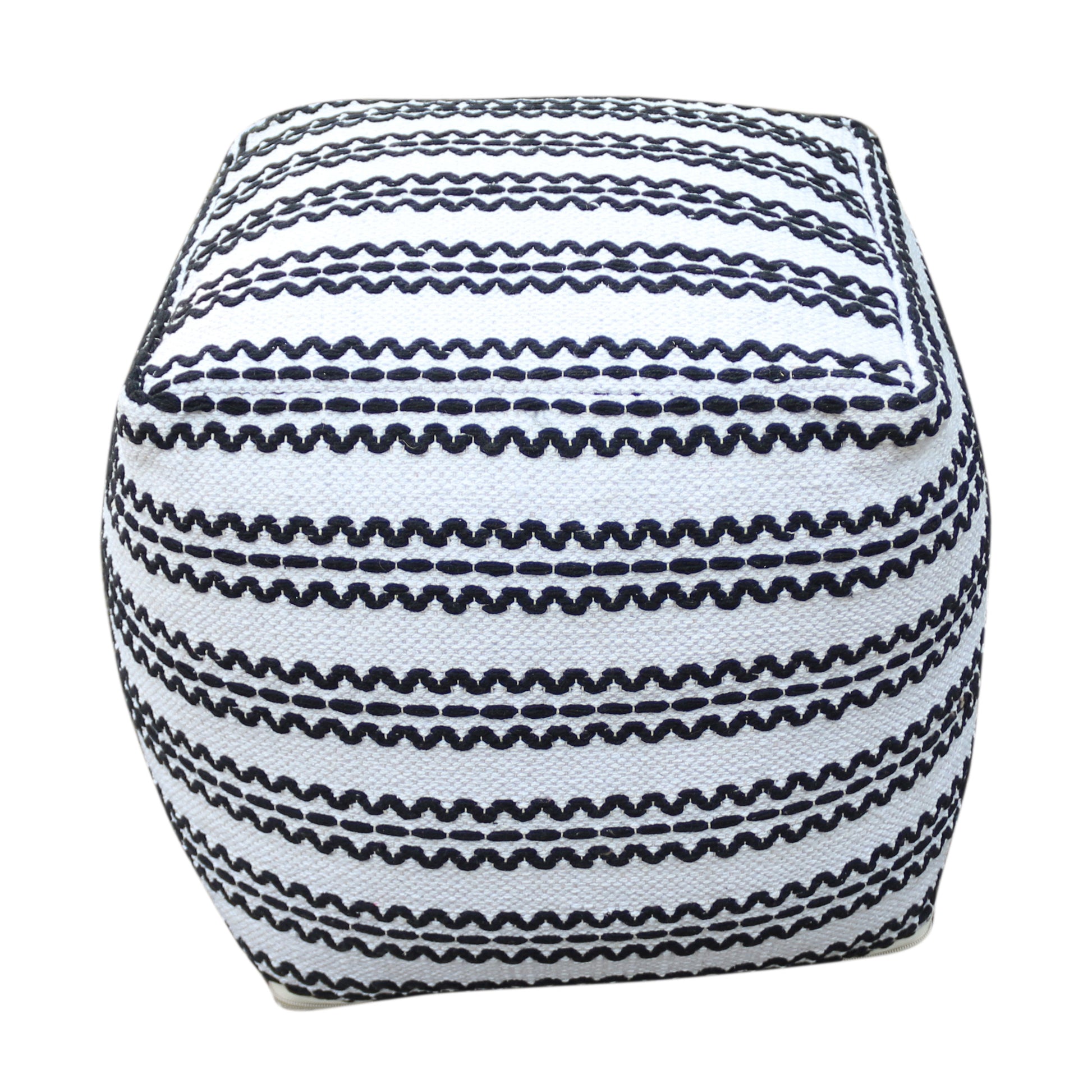 Lani Handcrafted Fabric Pouf, Natural With Black Natural Black Fabric