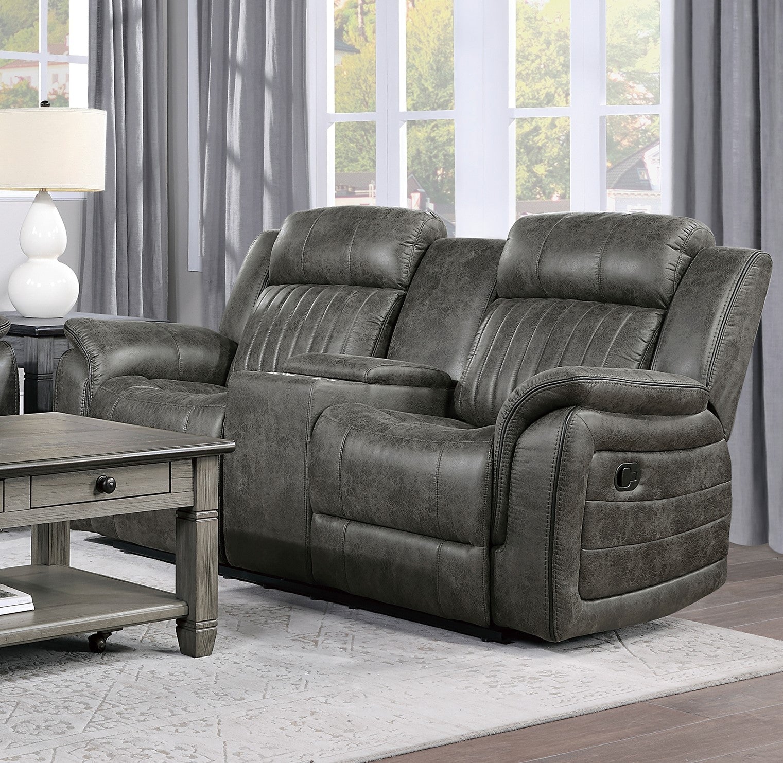 Classic Brownish Gray 1Pc Double Reclining Loveseat With Storage Console Cupholder Plush Comfort Pillow Top Arms Vertical Tufting Solid Wood Transitional Living Room Furniture Gray Microfiber Wood Primary Living Space Classic,Transitional Pillow Top Arms