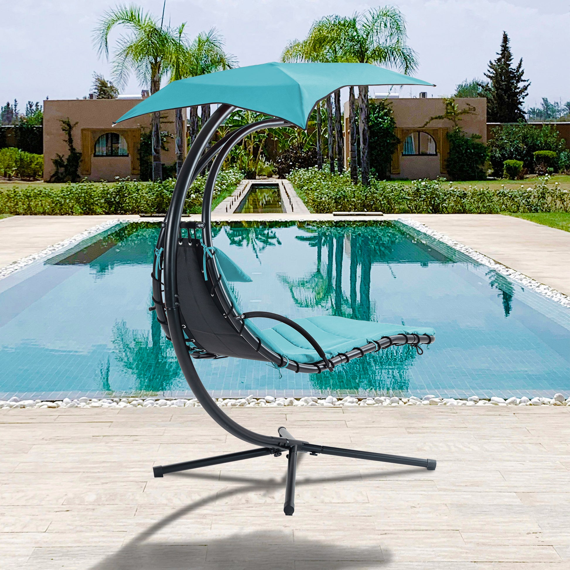 Hanging Chaise Lounger With Removable Canopy, Outdoor Swing Chair With Built In Pillow, Hanging Curved Chaise Lounge Chair Swing For Patio Porch Poolside, Hammock Chair With Stand Blue Blue Metal