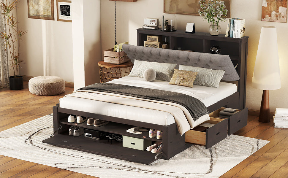 Wood Queen Size Platform Bed With Storage Headboard, Shoe Rack And 4 Drawers,Espresso Box Spring Not Required Queen Espresso Wood Bedroom Bed Frame Solid Wood Mdf