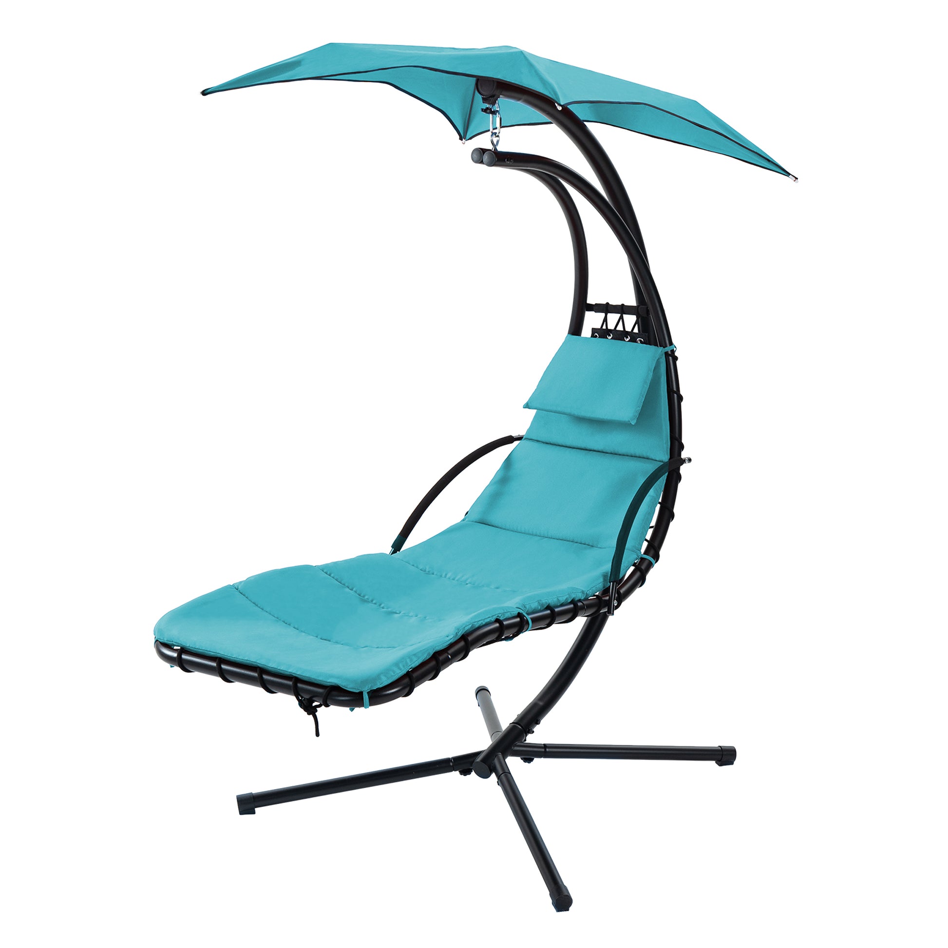 Hanging Chaise Lounger With Removable Canopy, Outdoor Swing Chair With Built In Pillow, Hanging Curved Chaise Lounge Chair Swing For Patio Porch Poolside, Hammock Chair With Stand Blue Blue Metal