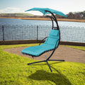 Hanging Chaise Lounger With Removable Canopy, Outdoor Swing Chair With Built In Pillow, Hanging Curved Chaise Lounge Chair Swing For Patio Porch Poolside, Hammock Chair With Stand Blue Blue Metal