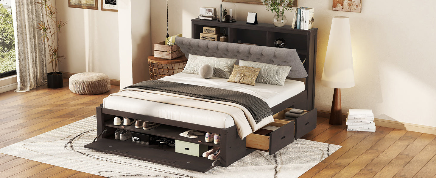 Wood Queen Size Platform Bed With Storage Headboard, Shoe Rack And 4 Drawers,Espresso Box Spring Not Required Queen Espresso Wood Bedroom Bed Frame Solid Wood Mdf