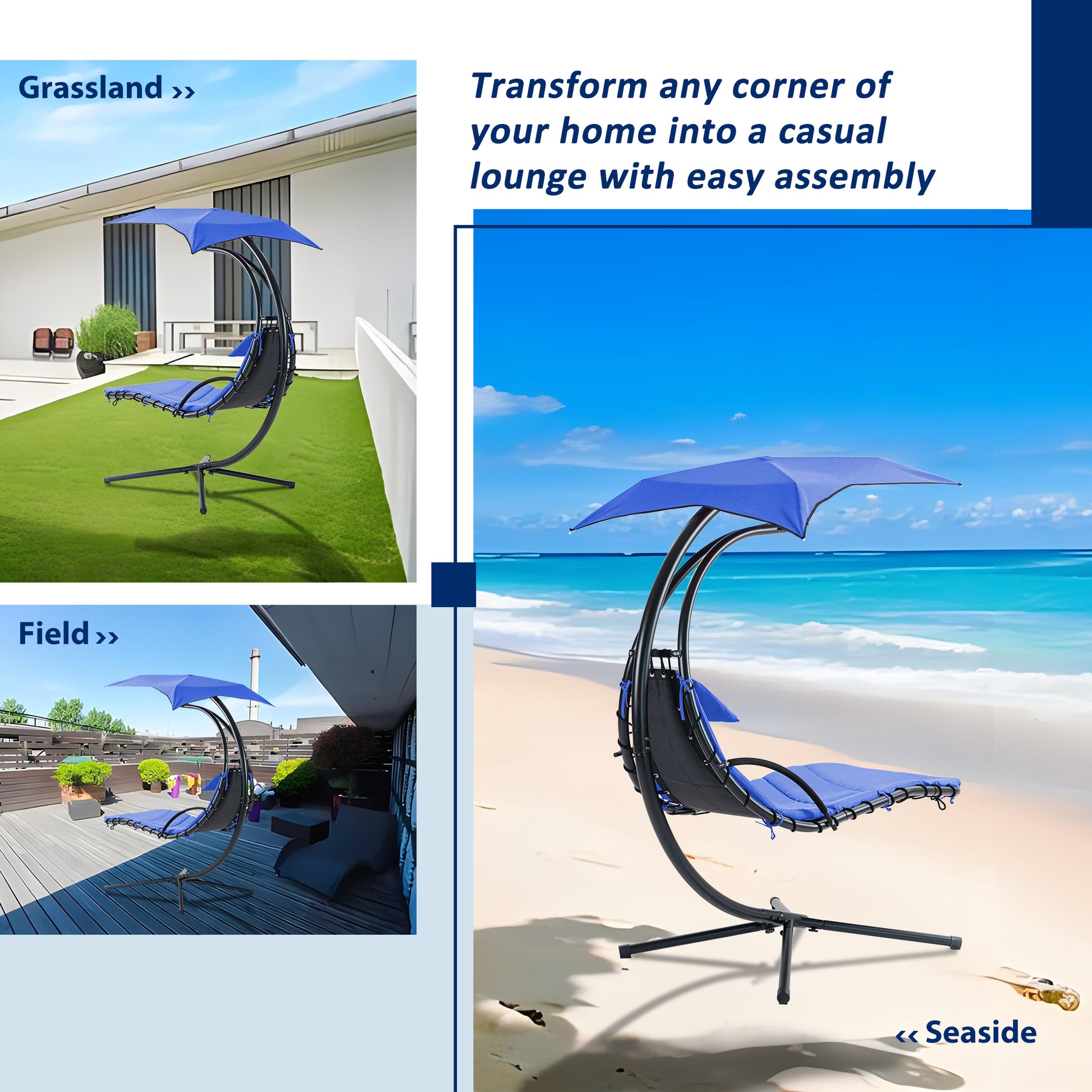 Hanging Chaise Lounger With Removable Canopy, Outdoor Swing Chair With Built In Pillow, Hanging Curved Chaise Lounge Chair Swing For Patio Porch Poolside, Hammock Chair With Stand Navt Navy Metal