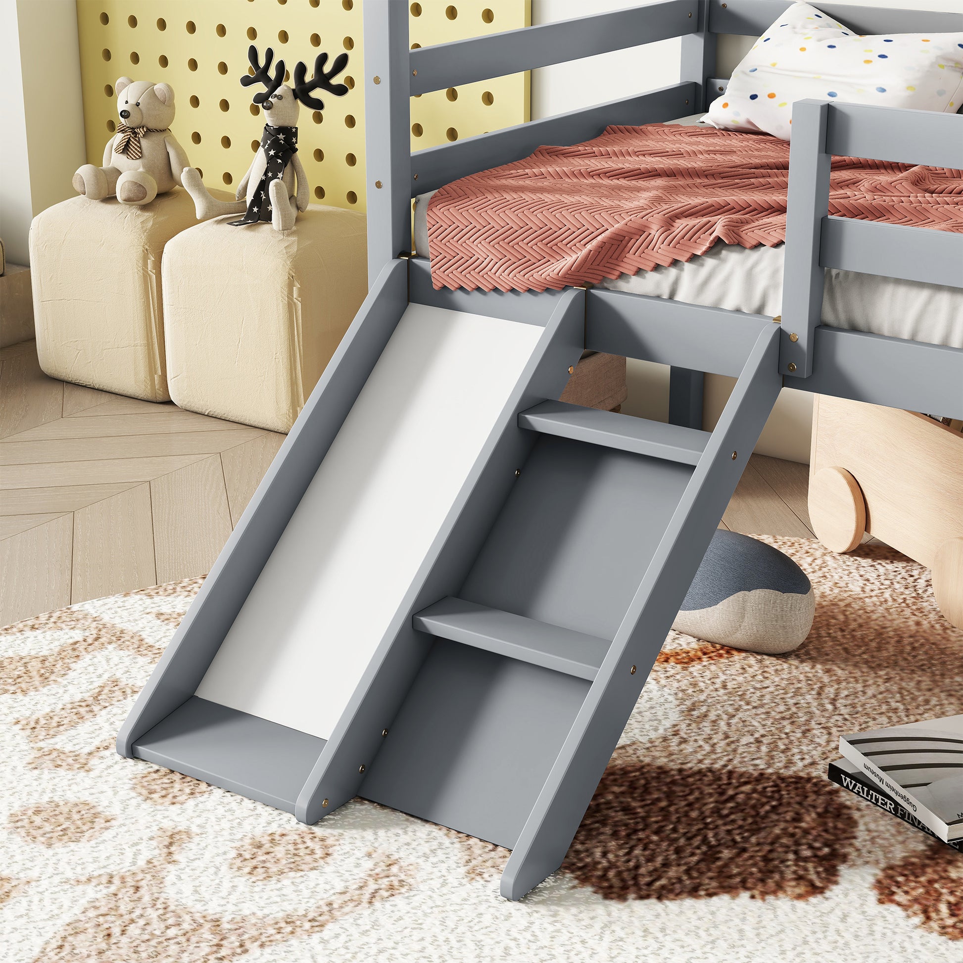 Twin Low Loft House Bed With Slide, Ladder, Safety Guardrails, House Roof Frame,Grey Twin Grey American Design Pine