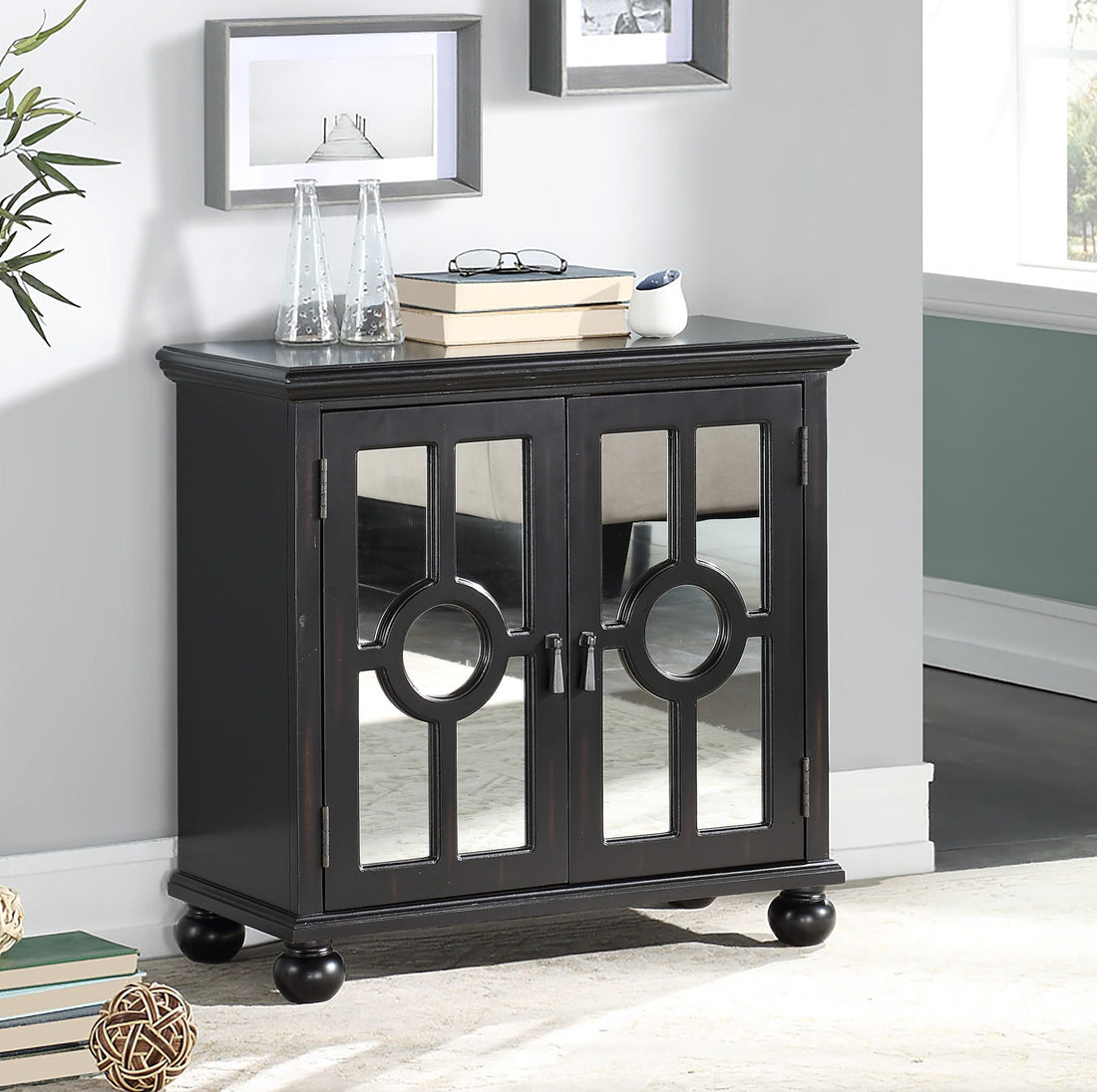 Classic Storage Cabinet 1Pc Modern Traditional Accent Chest With Mirror Doors Antique Black Finish Pendant Pulls Wooden Furniture Living Room Bedroom Accent Chests 1 2 Shelves Antique Antique Black Primary Living Space Modern,Traditional Wood