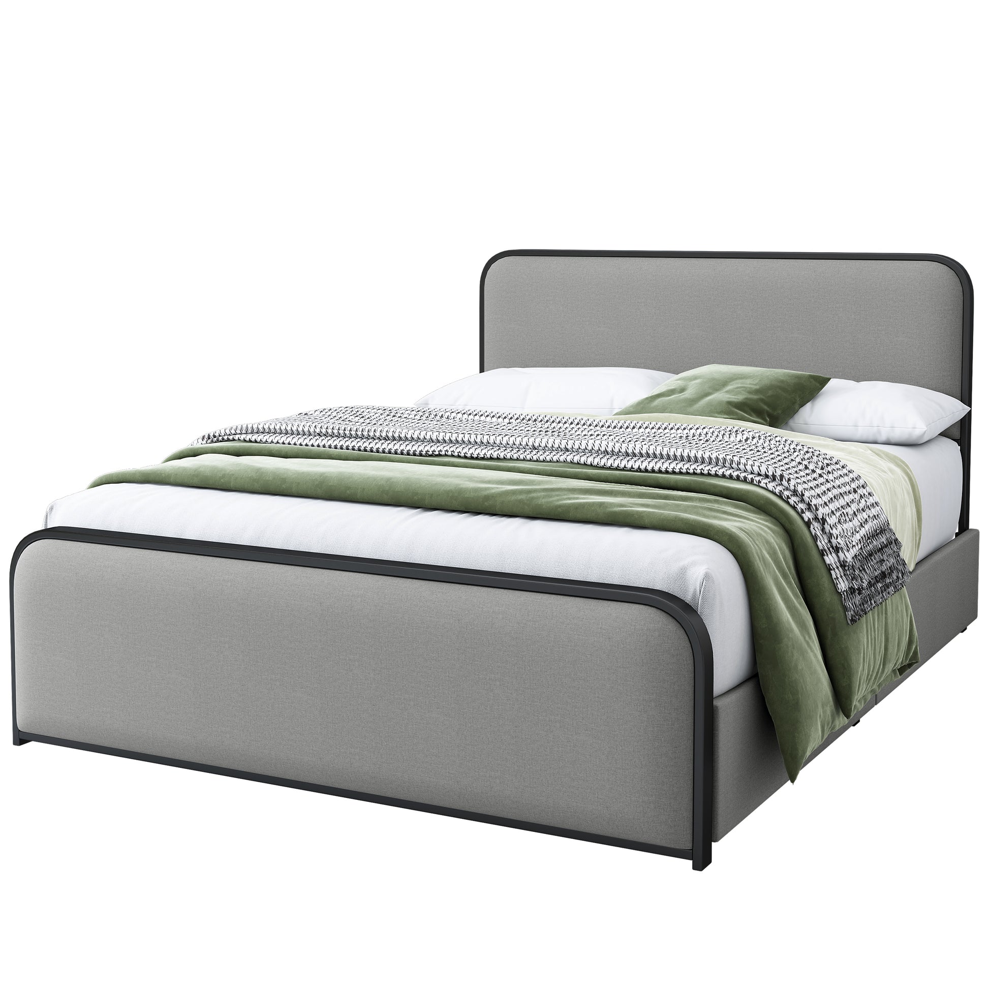 Modern Metal Bed Frame With Curved Upholstered Headboard And Footboard Bed With 4 Storage Drawers, Heavy Duty Metal Slats, Queen Size, Grey Grey Metal Modern Metal