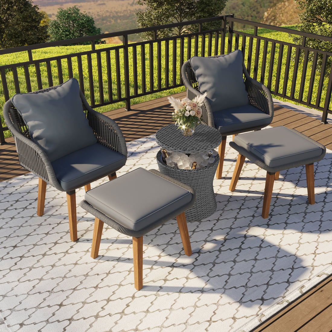 K&K 5 Pieces Patio Furniture Chair Sets, Patio Conversation Set With Wicker Cool Bar Table, Ottomans,Outdoor Furniture Bistro Sets For Porch,Backyard,Balcony,Poolside Grey Yes Complete Patio Set Grey Weather Resistant Frame Fade Resistant Cushion Garden