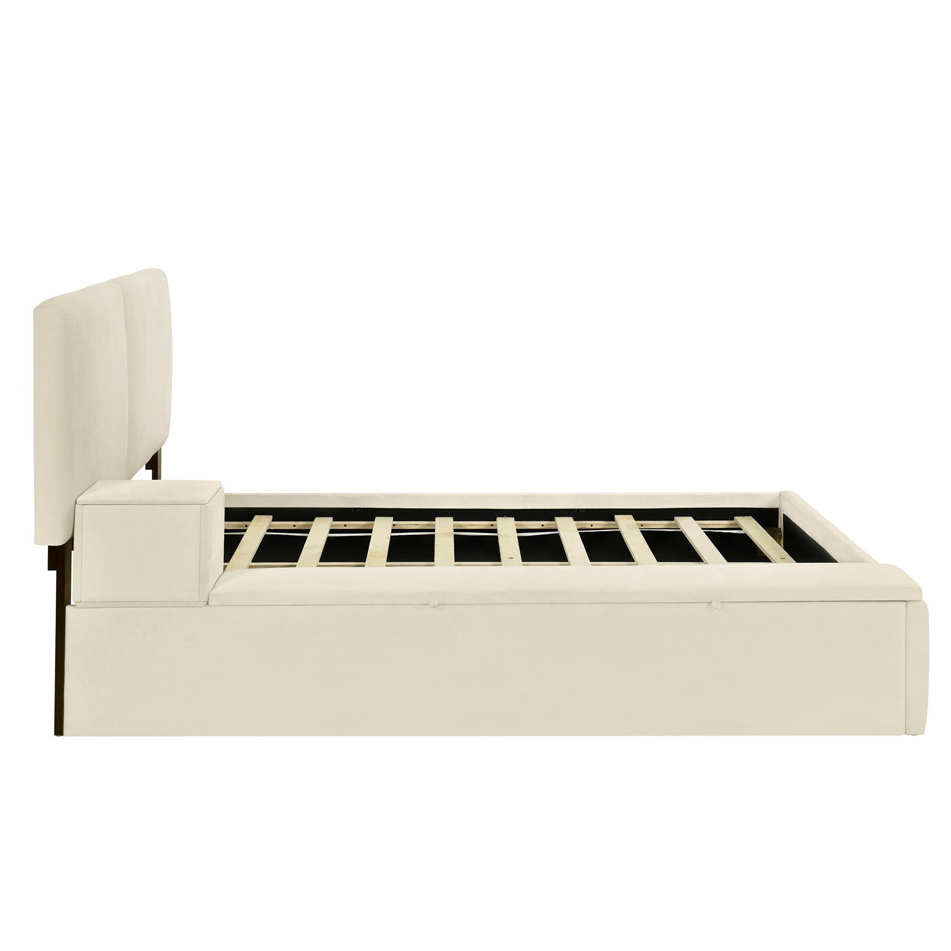 Queen Size Upholstered Platform Bed With Lateral Storage Compartments And Thick Fabric, Velvet, Beige Beige Velvet